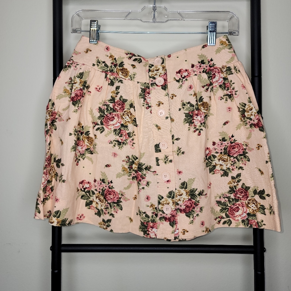 Vintage Forever 21 cream floral peach linen smocked mini skirt